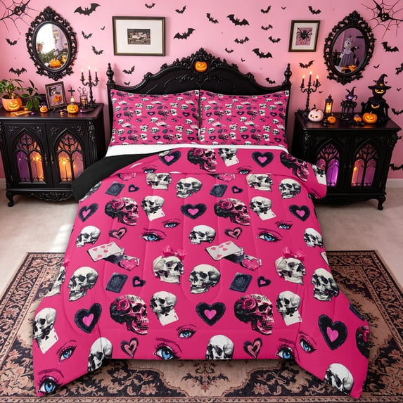 Homewish Y2K Pink Skull Rose Full Size Comforter Sets for Girls, Bow Playing Card Halloween Bedding Comforter Set, Black Reversible, 3-Piece, 1 Comforter and 2 Pillowcases
