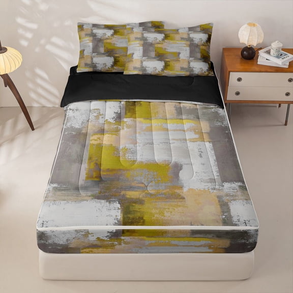 Homewish Yellow Abstract Grid Zipper Twin Comforter Sets with Fitted Sheet and 2 Pillowcases,Retro Geometric Zipper Bedding Set,Black Reversible,4pcs