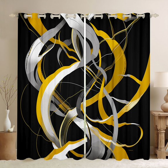 Homewish Yellow Abstract Lines Blackout Curtains Set of 2 (52x84 Each),Contemporary Aesthetic Curtain