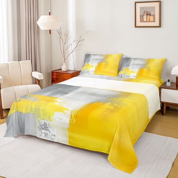 Homewish Yellow Abstract Ombre Queen Sheets,Retro Aesthetic Queen Sheet Sets,4pcs,1 Flat Sheet, 1 Fitted Sheet and 2 Pillowcases