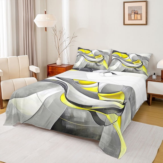 Homewish Yellow Abstract Spiral Bed Sheets,Contemporary Aesthetic Full Size Sheets,4-Piece,1 Flat Sheet, 1 Fitted Sheet and 2 Pillowcases