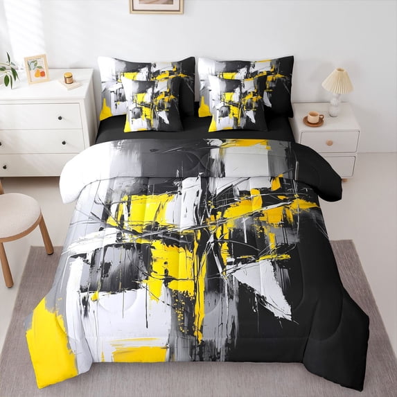 Homewish Yellow Aesthetic Patchwork 7 Pieces Full Size Bedding Sets,Geometric Abstract Full Size Bed in a Bag,Black Reversible