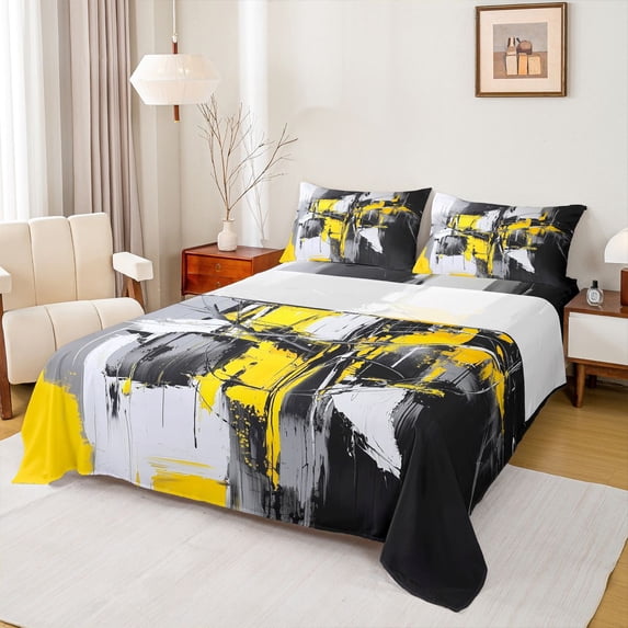 Homewish Yellow Aesthetic Patchwork Bed Sheets,Geometric Abstract Full Size Sheets,4pcs,1 Flat Sheet, 1 Fitted Sheet and 2 Pillowcases