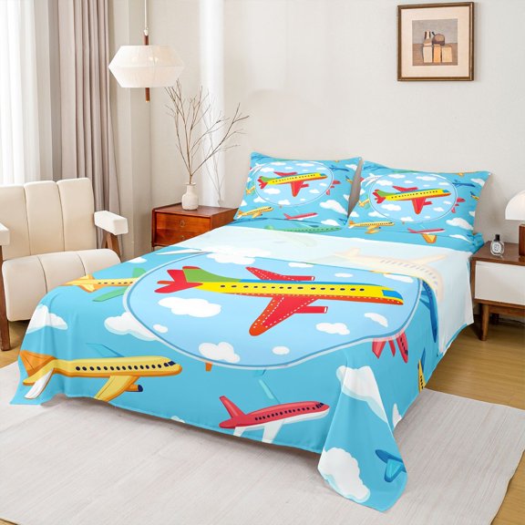 Homewish Yellow Airplane Boys Bed Sheets, Kawaii Cartoon Aircraft King Sheets, Cute Cloud Print Sheet Set, Microfiber Bedroom Decor, 4 Pieces