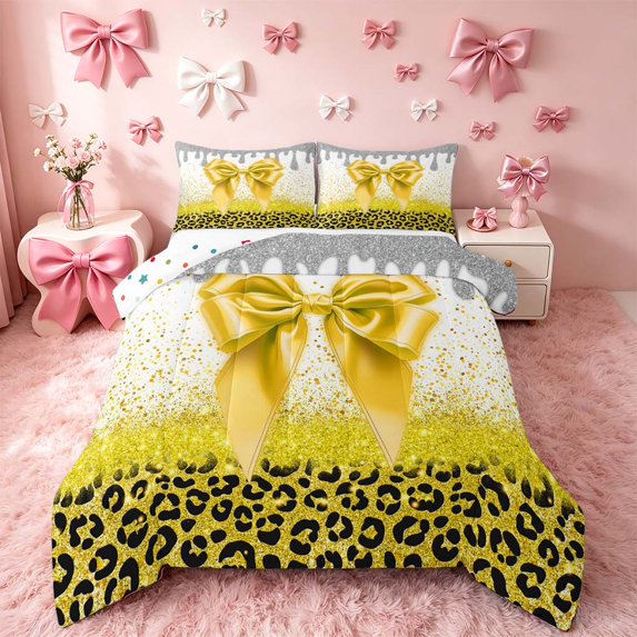 Homewish Yellow Bow Full Size Comforter Sets for Girls, Cute Leopard Print Bedding Comforter Set, Polka Dots Reversible, 3pcs 1 Comforter and 2 Pillowcases