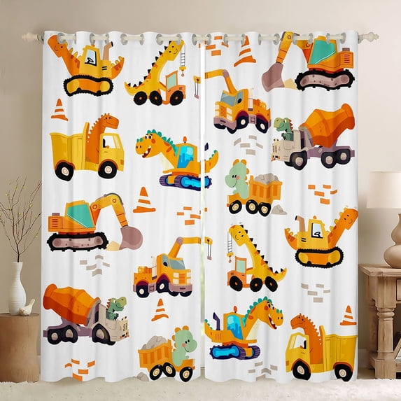 Homewish Yellow Car Truck Black Out Curtains for Kids, Cartoon Vehicle Curtains Pack of 2 (42x63 Each), Funny Dinosaur Car Bedroom Curtains, Black Out Curtains Room Decor