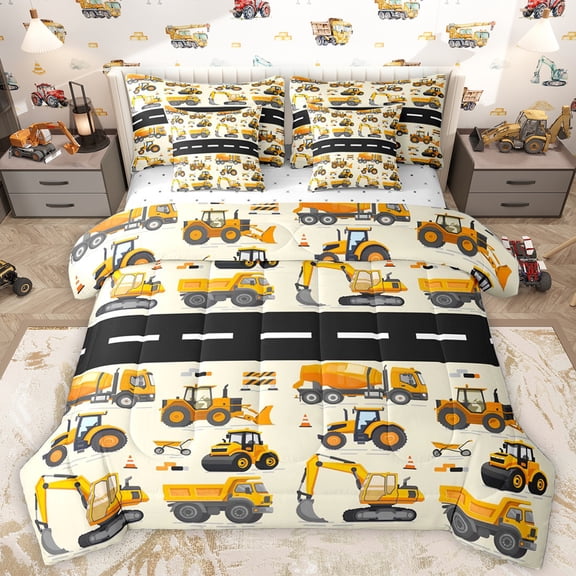 Homewish Yellow Excavatoe Vehicle 7-Piece Twin Bedding Sets,Equipment Truck Bedding Comforter Set,Yellow Beige Sheet Sets For Boys Teens,Super Cozy Room Decor