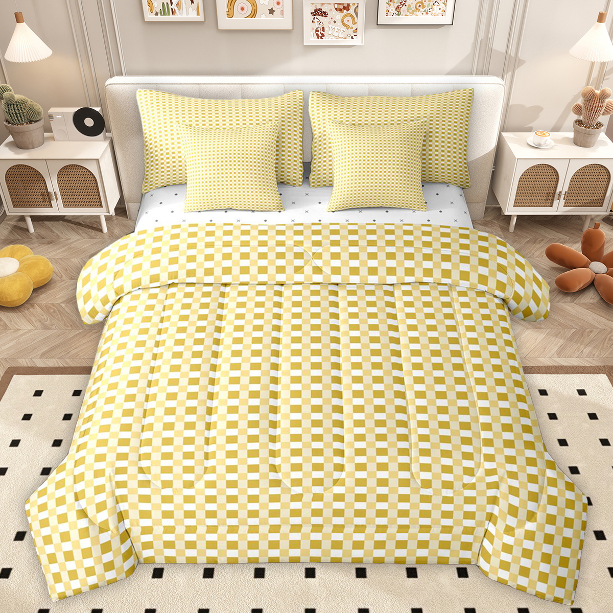 Homewish Yellow Fashion Plaid Twin Bedding Sets 7-Piece for Teens ...