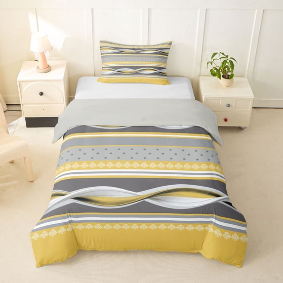 Homewish Yellow Geometric Swirl Twin Duvet Cover,Vintage Abstract Twin Bedding,Light Gray Reversible,2pcs,1 Duvet Cover and 1 Pillowcase