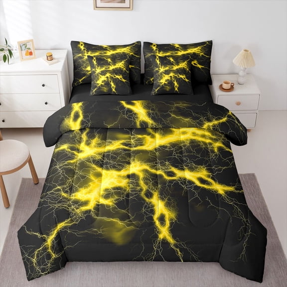 Homewish Yellow Glowing Lightning 7pcs Queen Bedding,Modern Geometric Bedding Comforter Set Queen,Black Reversible