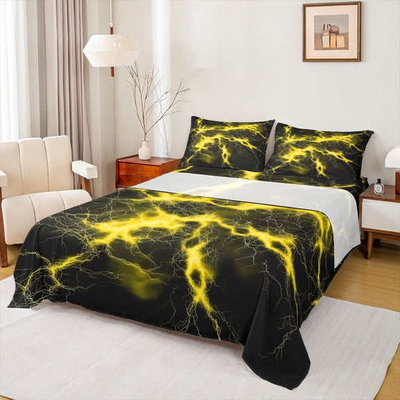 Homewish Yellow Glowing Lightning Queen Sheets,Modern Geometric Queen Sheet Sets,4 Pieces,1 Flat Sheet, 1 Fitted Sheet and 2 Pillowcases