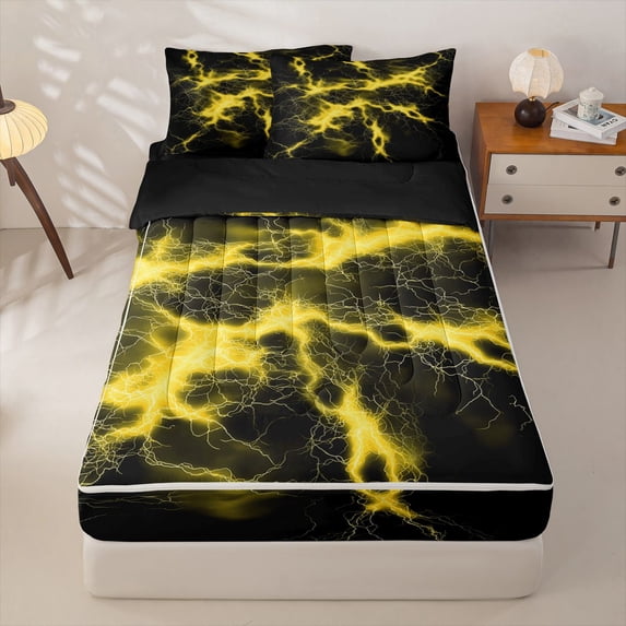 Homewish Yellow Glowing Lightning Zipper Queen Comforter Set with Fitted Sheet and 2 Pillowcases,Modern Geometric Zipper Bedding Set,Black Reversible,4pcs