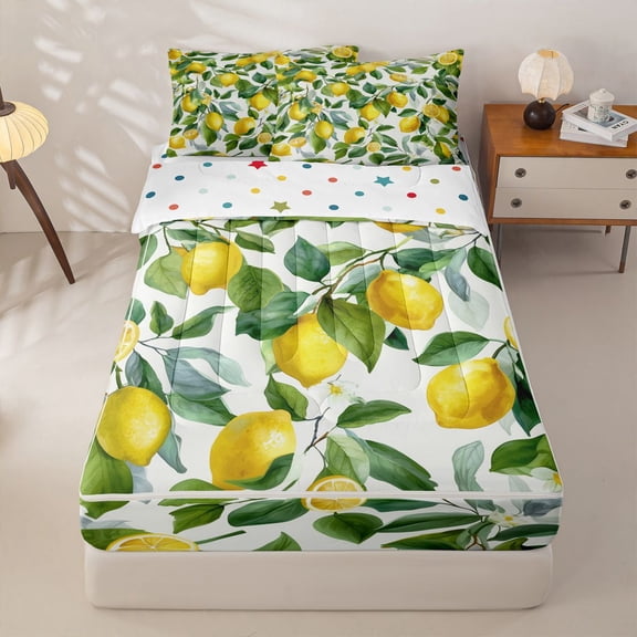 Homewish Yellow Lemon Zipper Twin Comforter Sets with Fitted Sheet and 2 Pillowcases,Tropical Fruit Zipper Bedding Set For Girls Teens,Reversible,4 Pieces
