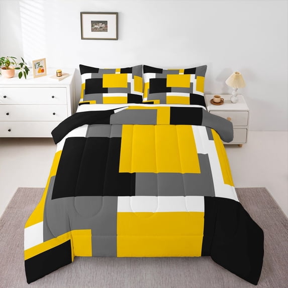 Homewish Yellow Patchwork Block Queen Comforter Set,Modern Abstract Art Comforter Sets Queen,Black Reversible,3pcs,1 Comforter and 2 Pillowcases