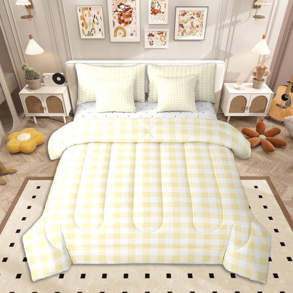 Homewish Yellow Plaid Bedding Comforter Set 7pcs, Geometric Buffalo Grid Queen Bedding Sets, Cute Checkered Queen Sheet Sets, Breathable Home Decor