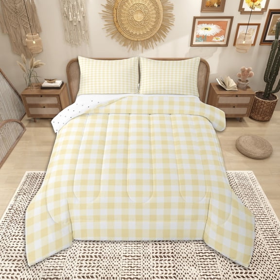 Homewish Yellow Plaid Queen Comforter Set, Geometric Buffalo Grid Bedding Sets, Cute Checkered Bedding Comforter Set, Breathable Home Decor