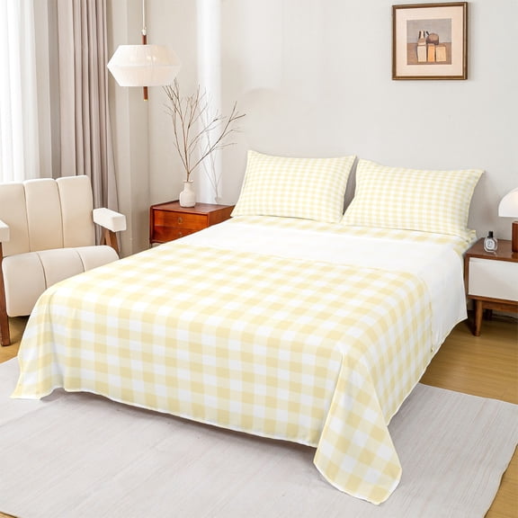 Homewish Yellow Plaid Twin Sheet Sets 3pcs, Geometric Buffalo Grid Twin Fitted Sheet, Cute Checkered Flat Sheet, Breathable Home Decor