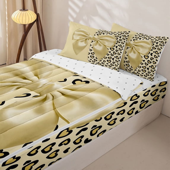 Homewish Yellow Princess Bow Zipper Full Size Comforter Sets with Fitted Sheet and 2 Pillowcases for Kids, Love Heart Polkadots Zipper Bedding Set, Reversible, 4 Pieces