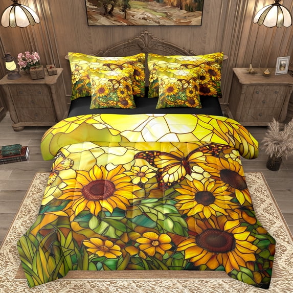 Homewish Yellow Rustic Sunflower 7 Pieces Bedding Comforter Set,Country Floral Plant Full Bedding Set,Yellow Green Fitted Sheet Flat Sheet For Girl,Luxury Bedroom Decor Reversible