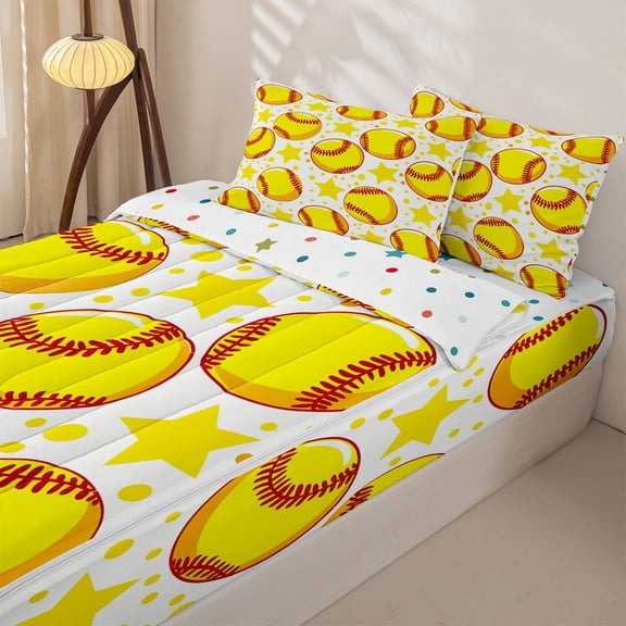 Homewish Yellow Softball Sport Zipper Twin Comforter Sets with Fitted Sheet and 2 Pillowcases, Gold Stars Print Zipper Bedding Set for Boys and Girls, Polka Dots Reversible, 4-Piece