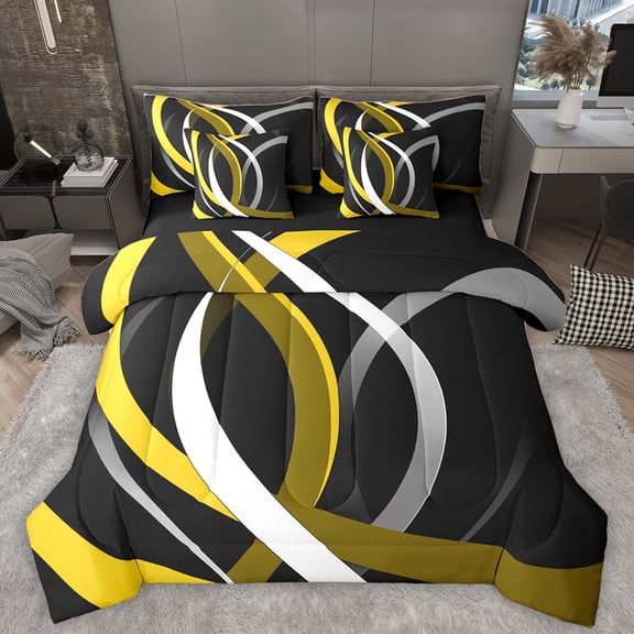 Homewish Yellow Stripes Lines 7-Piece King Bedding Set - Vintage Geometric