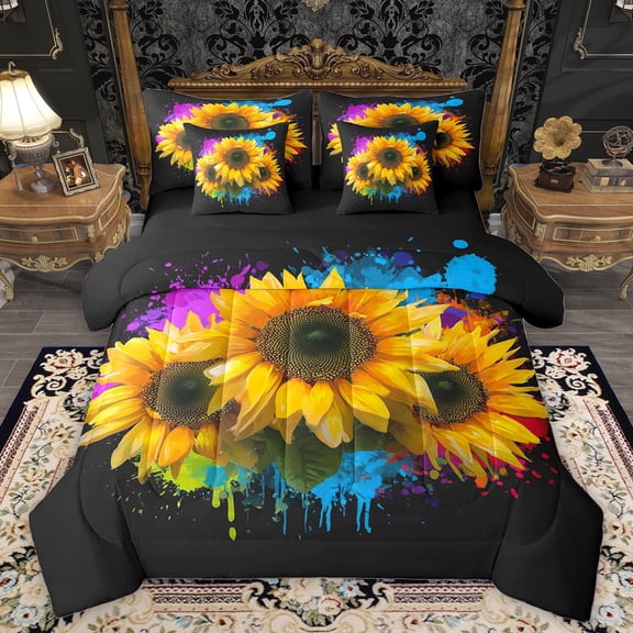 Homewish Yellow Sunflower 7pcs Bedding Comforter Set,Watercolor Splatter Ink Queen Bedding Sets,Tustic Plant Flower Queen Sheet Sets For Girls Kids,Super Cozy Room Decor Reversible