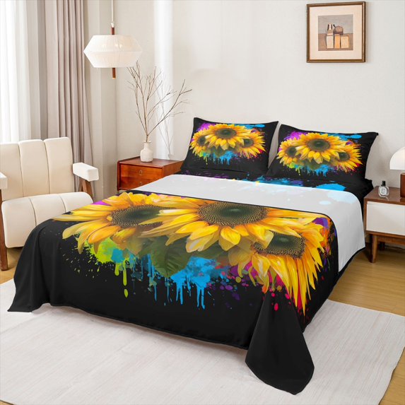 Homewish Yellow Sunflower Queen Sheet Sets,Watercolor Splatter Ink Flat Sheet,Tustic Plant Flower Queen Fitted Sheet For Girls Kids,Super Cozy Room Decor,4-Piece
