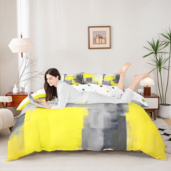 Homewish Yellow Watercolor Square Duvet Cover Queen,Vintage Abstract Artwork Queen Bedding,Polkadot Reversible,3-Piece,1 Duvet Cover and 2 Pillowcases