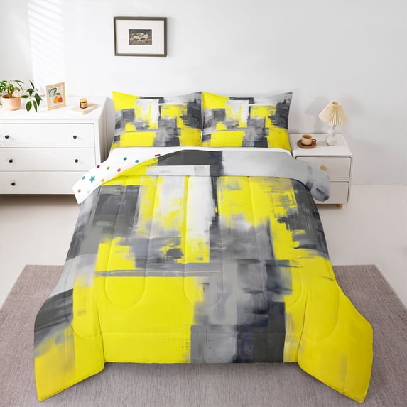 Homewish Yellow Watercolor Square Full Size Comforter Sets,Vintage Abstract Artwork Bedding Comforter Set,Polkadot Reversible,3pcs,1 Comforter and 2 Pillowcases
