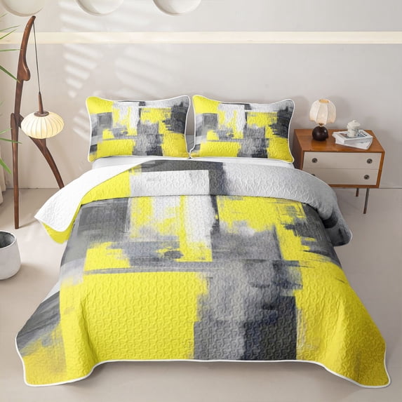 Homewish Yellow Watercolor Square Quilt Full,Vintage Abstract Artwork Full Bedspread Sets,3-Piece