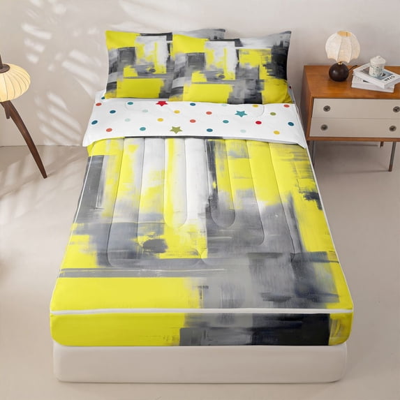 Homewish Yellow Watercolor Square Zipper Full Size Comforter Sets with Fitted Sheet and 2 Pillowcases,Vintage Abstract Artwork Zipper Bedding Set,Polkadot Reversible,4pcs