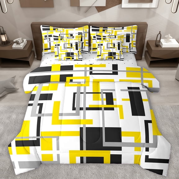 Homewish Yellow White Lines 7-Piece Bedding Comforter Set,Geometric Stripe King Bedding Sets,Abstract Desgin Bed Sheets For Adult,Luxury Bedroom Decor