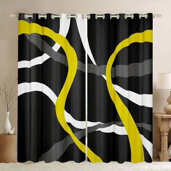 Homewish Yellow White Lines Black Out Curtains,Modern Asbtract Geometric Curtains Pack of 2 (42x63 Each),Waves Stripe Bedroom Curtains For Men Women,Super Cozy Room Decor