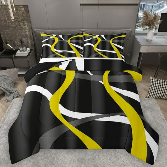 Homewish Yellow White Lines Full Size Comforter Sets,Modern Asbtract Geometric Bedding Comforter Set,Waves Stripe Bedding Sets For Men Women,Super Cozy Room Decor Reversible,3 Pieces