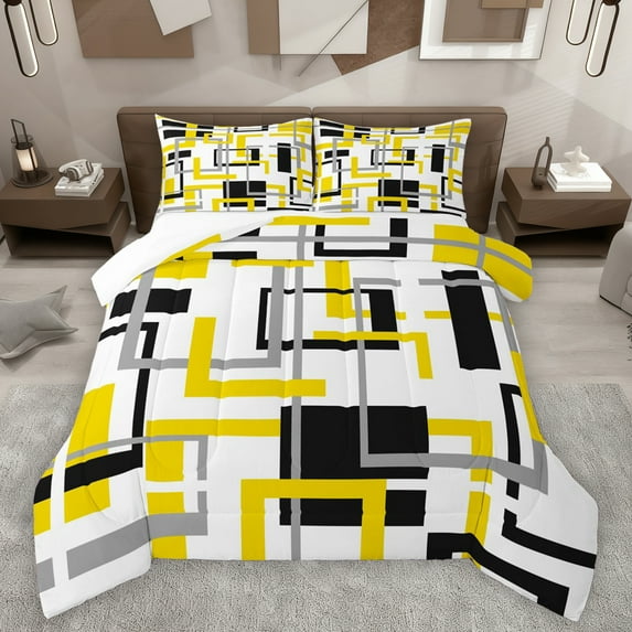 Homewish Yellow White Lines Queen Comforter Set,Geometric Stripe Bedding Sets,Abstract Desgin Bedding Comforter Set For Adult,Luxury Bedroom Decor,3-Piece