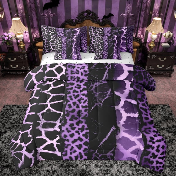 Homewish Zebra Cheetah Print Bedding Comforter Set 7pcs for Adult, Chic Purple Lines Queen Bedding Sets, Leopard Giraffe Wildlife Reversible Queen Sheet Sets, Ultra Soft Bedroom Decor