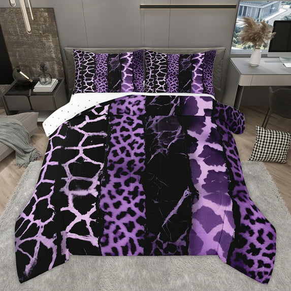 Homewish Zebra Cheetah Print Bedding Comforter Set for Adult, Chic Purple Lines Twin Comforter Sets, Leopard Giraffe Wildlife Reversible Bedding Set, Ultra Soft Bedroom Decor, 2 Pieces