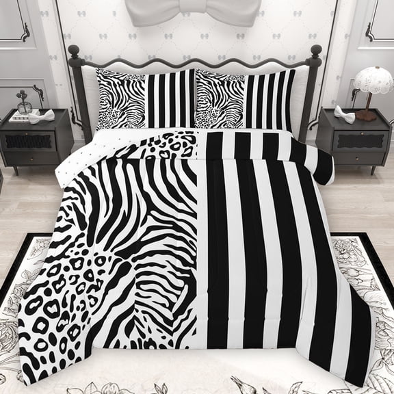 Homewish Zebra Cheetah Print Bedding Comforter Set, Blck White Stripes Line Twin Comforter Sets, Modern Fashion Theme Reversible Bedding Set, Ultra Soft Bedroom Decor, 2pcs