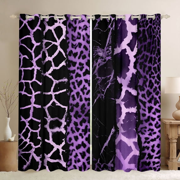 Homewish Zebra Cheetah Print Black Out Curtains for Adult, Chic Purple Lines Curtains Pack of 2 (42x63 Each), Leopard Giraffe Wildlife Bedroom Curtains, Black Out Curtains Bedroom Decor