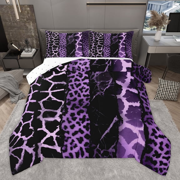 Homewish Zebra Cheetah Print Queen Comforter Set for Adult, Chic Purple Lines Bedding Sets, Leopard Giraffe Wildlife Reversible Bedding Comforter Set, Ultra Soft Bedroom Decor, 3 Pieces