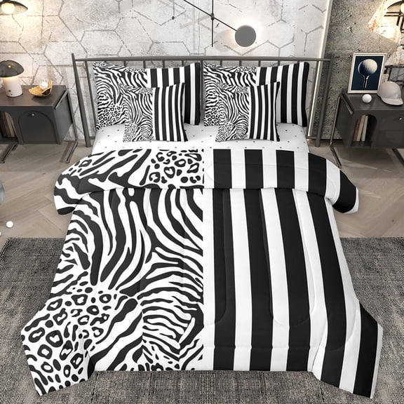 Homewish Zebra Cheetah Print Twin Bedding Sets 7-Piece, Blck White Stripes Line Bedding Comforter Set, Modern Fashion Theme Reversible Sheet Sets, Ultra Soft Bedroom Decor