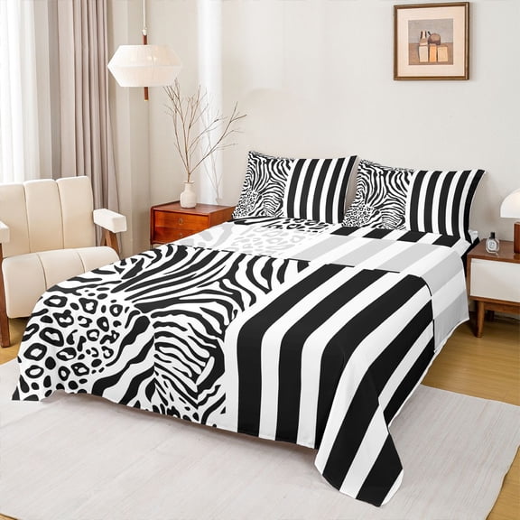 Homewish Zebra Cheetah Print Twin Sheet Sets, Blck White Stripes Line Twin Fitted Sheet, Modern Fashion Theme Flat Sheet, Ultra Soft Bedroom Decor, 3pcs