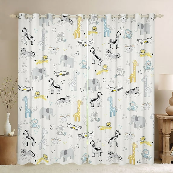Homewish Zebra Monkey Crocodile Black Out Curtains,Zoo Animal Giraffe Curtains Pack of 2 (42x63 Each),White Gray Bedroom Curtains For Girl Boy,Breathable Home Decor