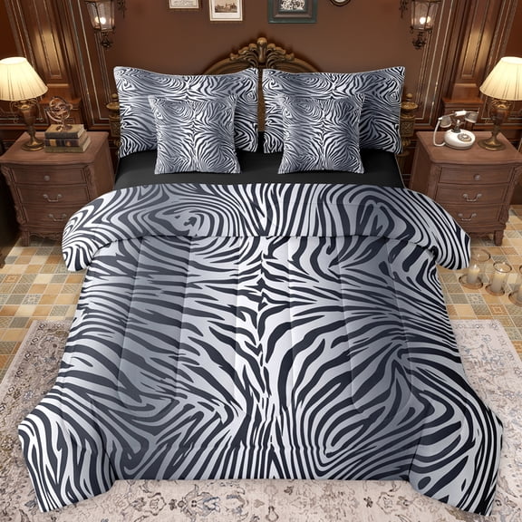 Homewish Zebra Print 7-Piece Bedding Comforter Set,Safari Animal King Bedding Sets,White Black Ombre Bed Sheets For Girl Boys,Super Cozy Room Decor Reversible