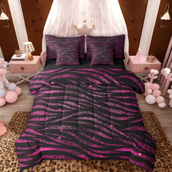 Homewish Zebra Print Twin Bedding, Black Pink Bedding Comforter Set, Animal Theme Decor, Black Reversible, 7pcs