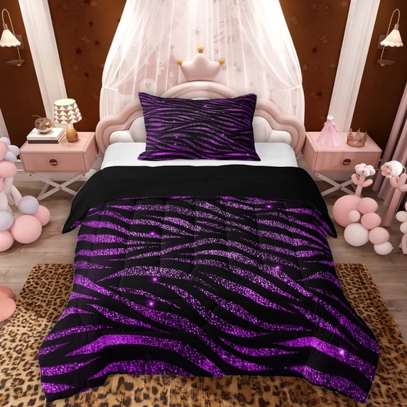 Homewish Zebra Print Twin Comforter Sets, Black Purple Bedding Set, Animal Theme Decor, Black Reversible, 2-Piece 1 Comforter and 1 Pillowcase
