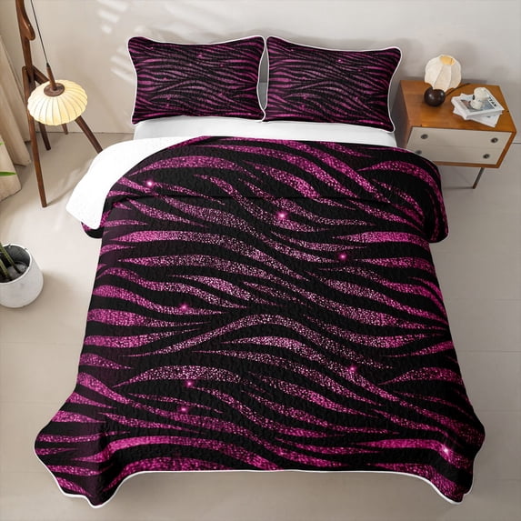 Homewish Zebra Print Twin Quilt Set, Black Pink Twin Coverlet Set, Animal Theme Decor, 2 Pieces 1 Bedspread and 1 Pillowcase