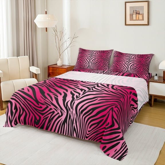 Homewish Zebra Print Twin Sheet Sets,Safari Animal Twin Fitted Sheet,Pink Black Ombre Flat Sheet For Girl Boys,Super Cozy Room Decor,3-Piece