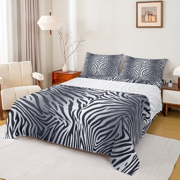 Homewish Zebra Print Twin Sheet Sets,Safari Animal Twin Fitted Sheet,White Black Ombre Flat Sheet For Girl Boys,Super Cozy Room Decor,3pcs