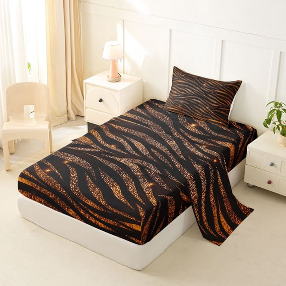 Homewish Zebra Print Twin Sheets, Black Brown Bedding, Animal Theme Decor, 3pcs (1 Flat Sheet, 1 Fitted Sheet and 1 Pillowcase)